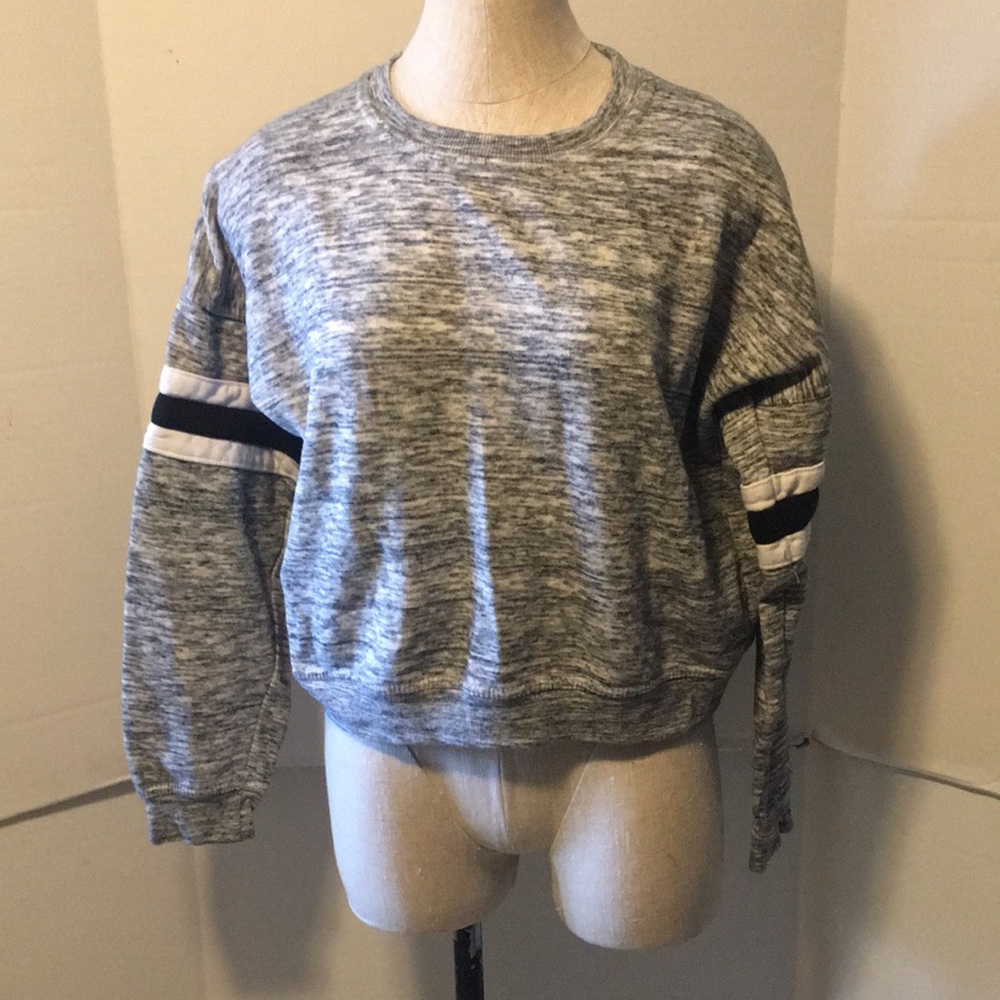 Gray Sweater with Black and White Stripes